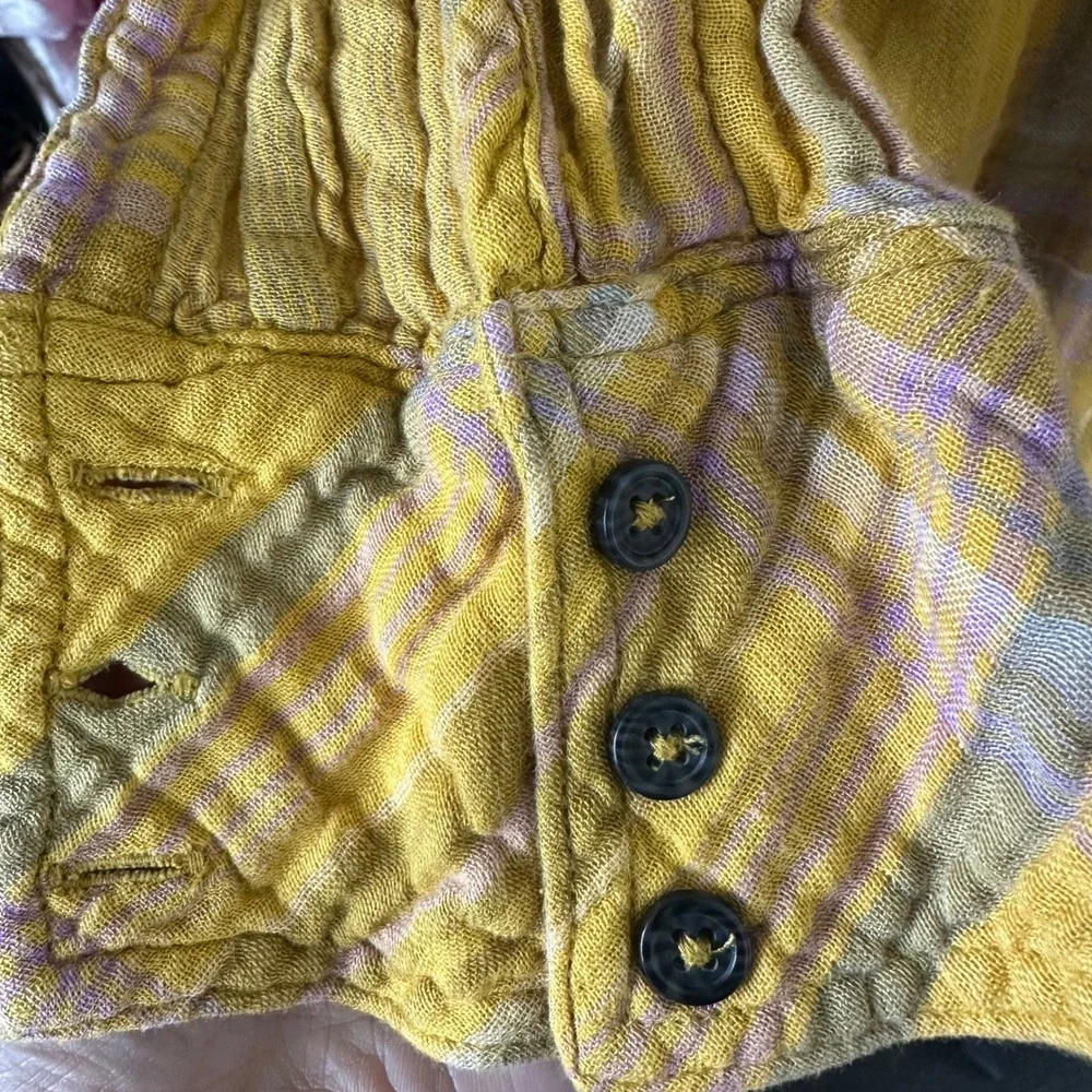 Free People Mustard Yellow Plaid Lace Up‎ Side Oversized Button Down Shirt XS